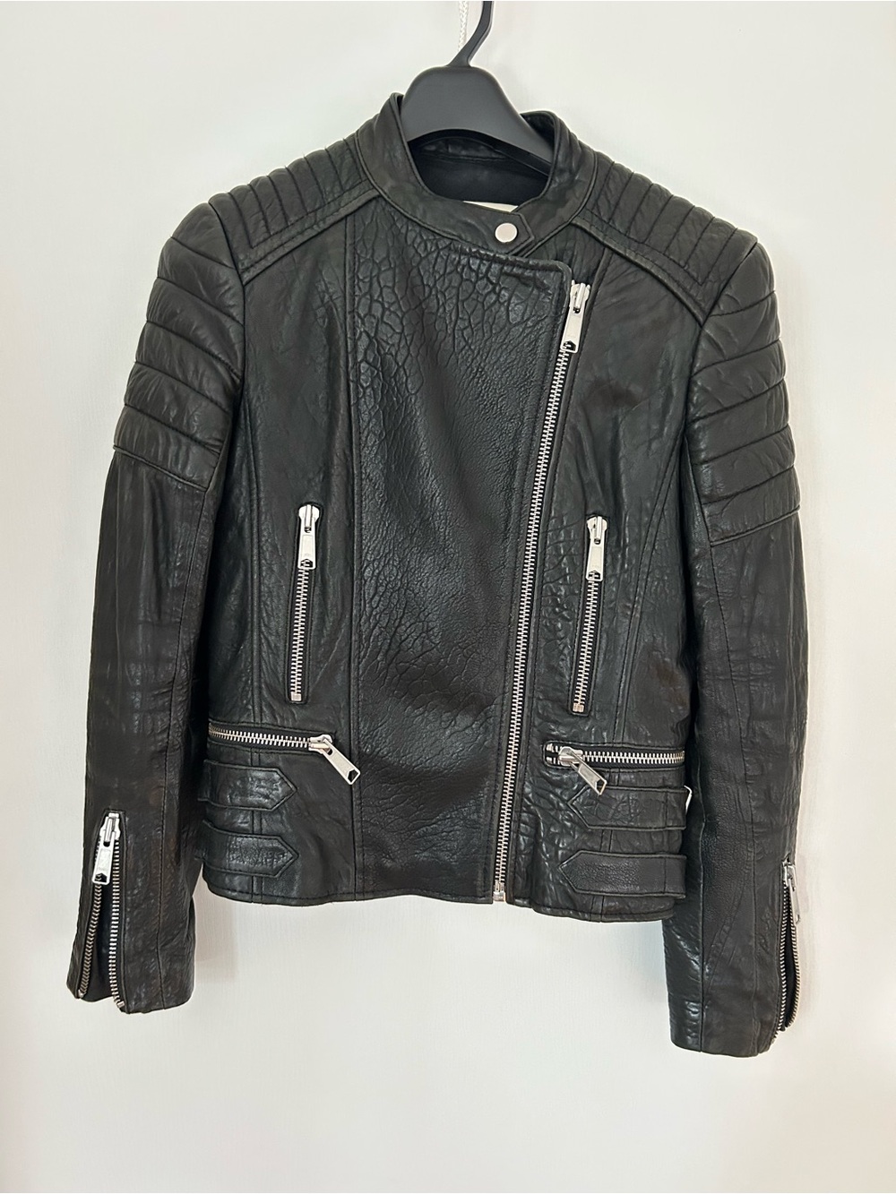 Whistles Black Quilted Leather Biker Jacket with Silver Hardware